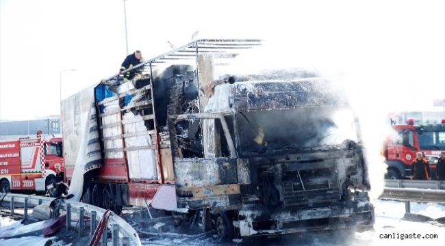 Kayseri'de mobilya yüklü tır Mimarsinan OSB'de yandı