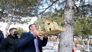 Sivas'ta mahkumların yaptığı kuş yuvaları, şehitlikteki ağaçlara asıldı